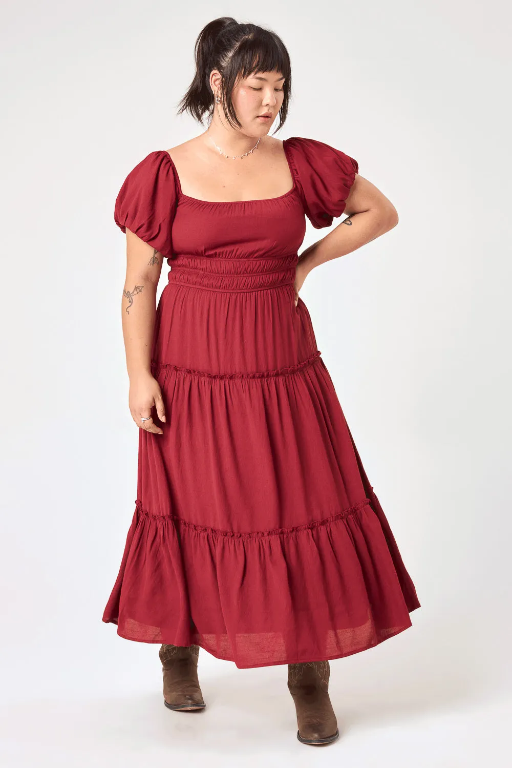 Wine Ruched Waist Midi Dress