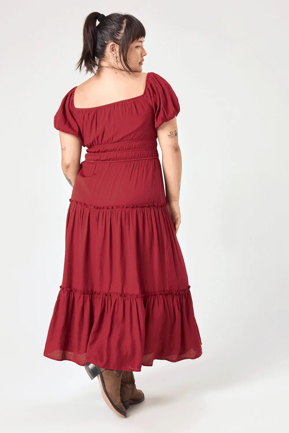 Wine Ruched Waist Midi Dress