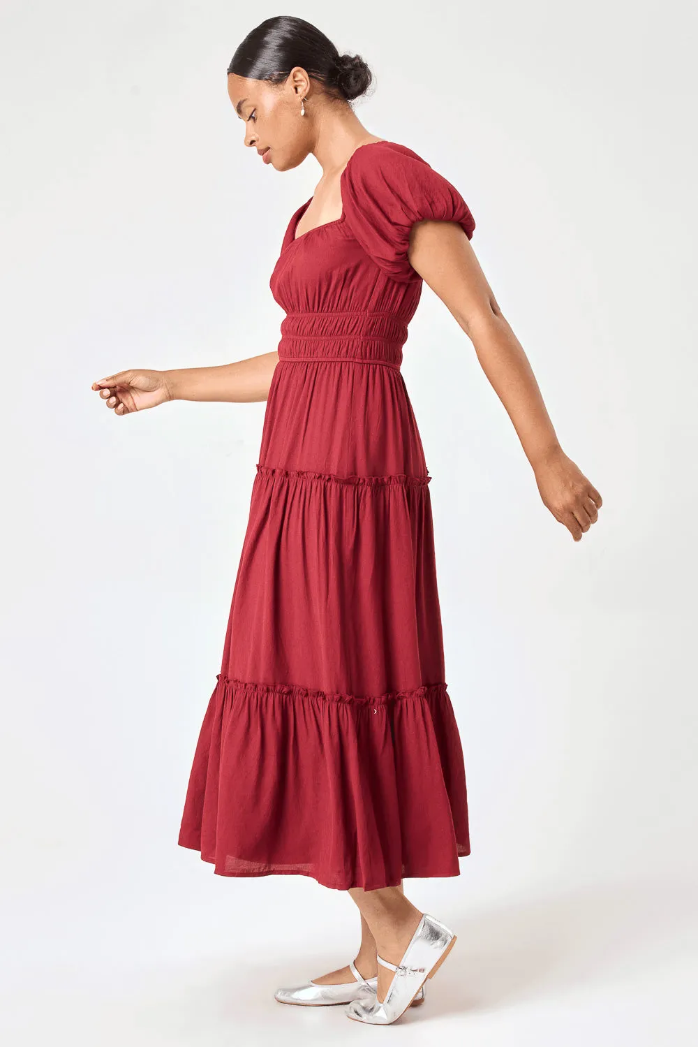 Wine Ruched Waist Midi Dress