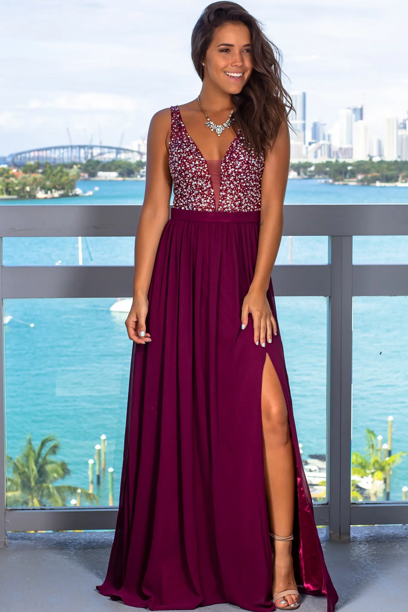 Wine Sequin Top Maxi Dress with Side Slit