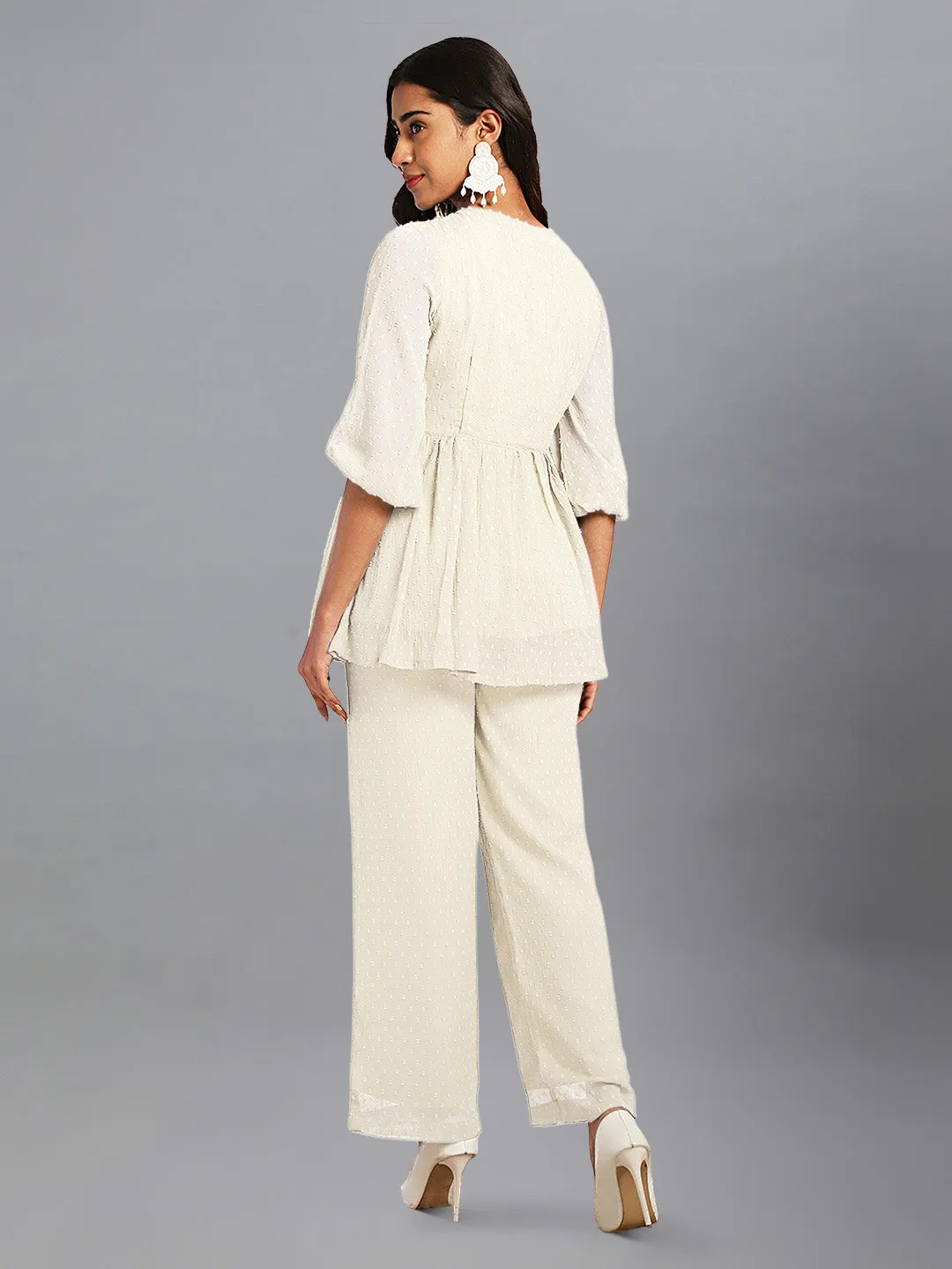 Women Dobby Chiffon Off White Kurta Set