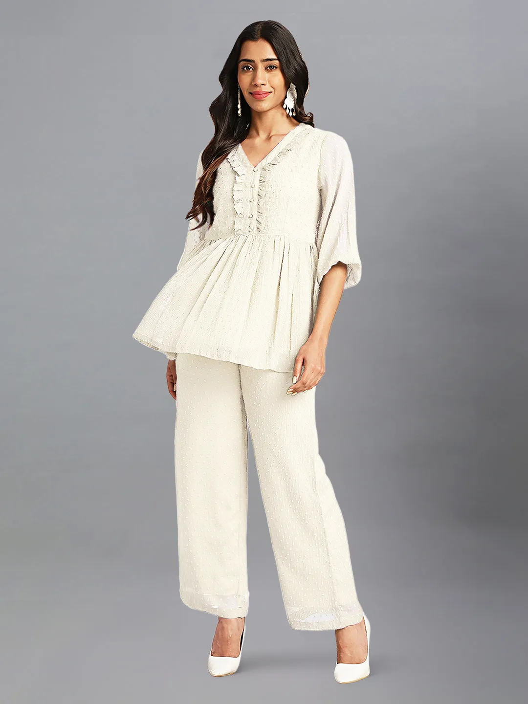 Women Dobby Chiffon Off White Kurta Set