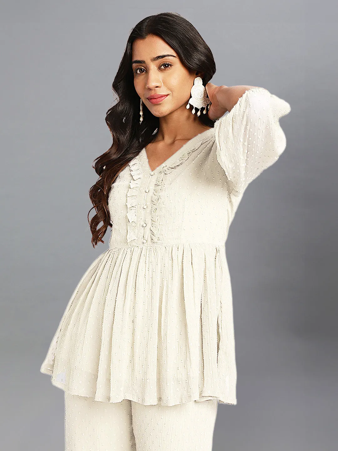 Women Dobby Chiffon Off White Kurta Set