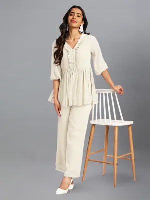 Women Dobby Chiffon Off White Kurta Set