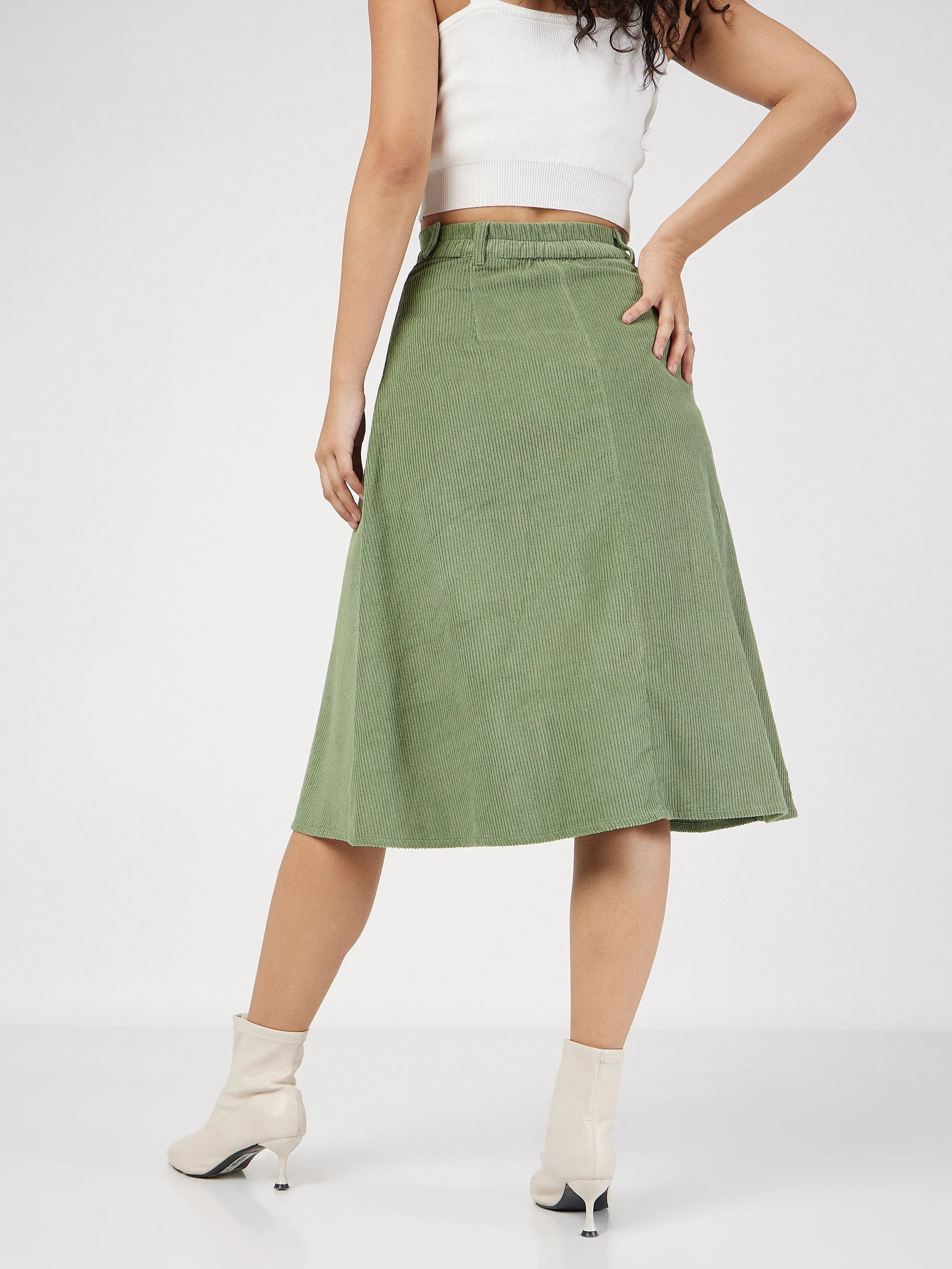 Women Olive Corduroy A-Line Midi Skirt