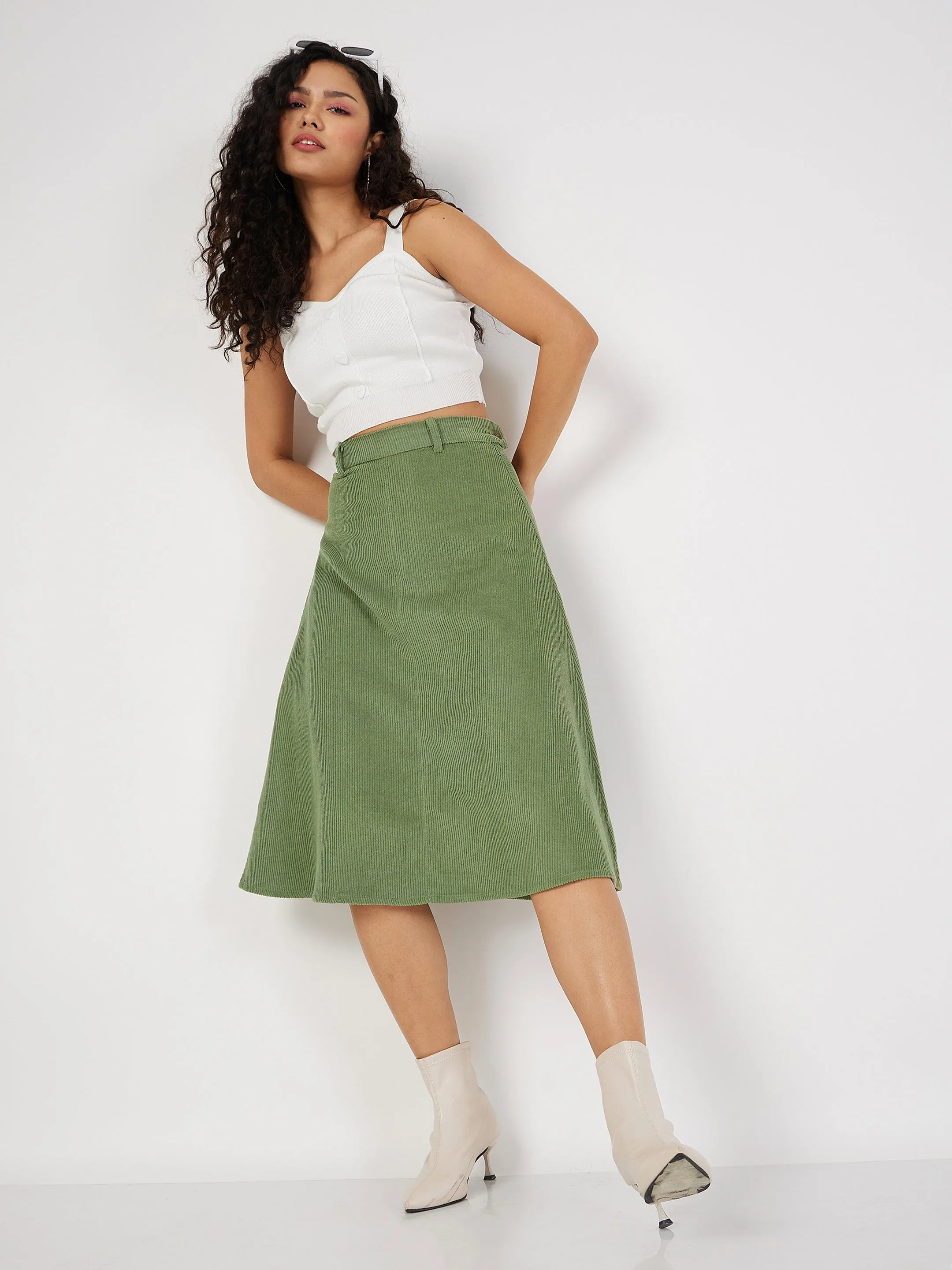 Women Olive Corduroy A-Line Midi Skirt