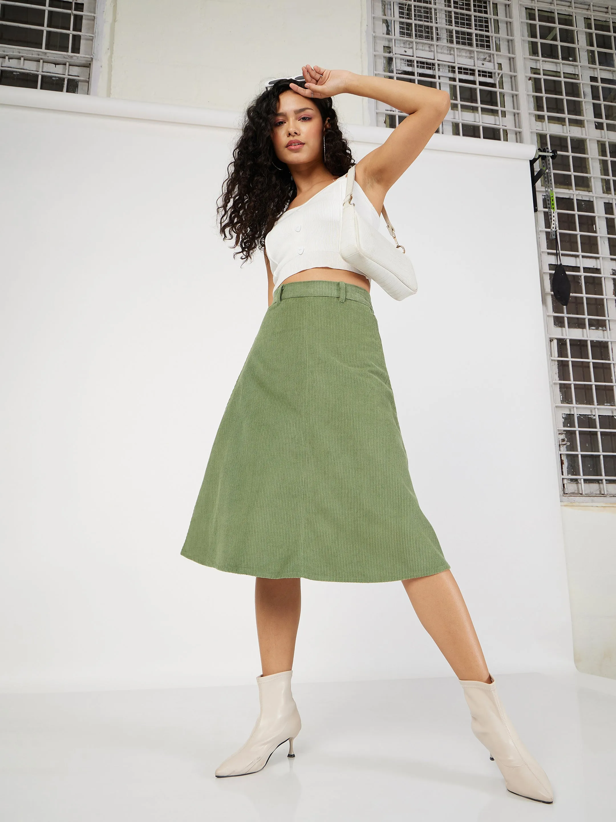 Women Olive Corduroy A-Line Midi Skirt