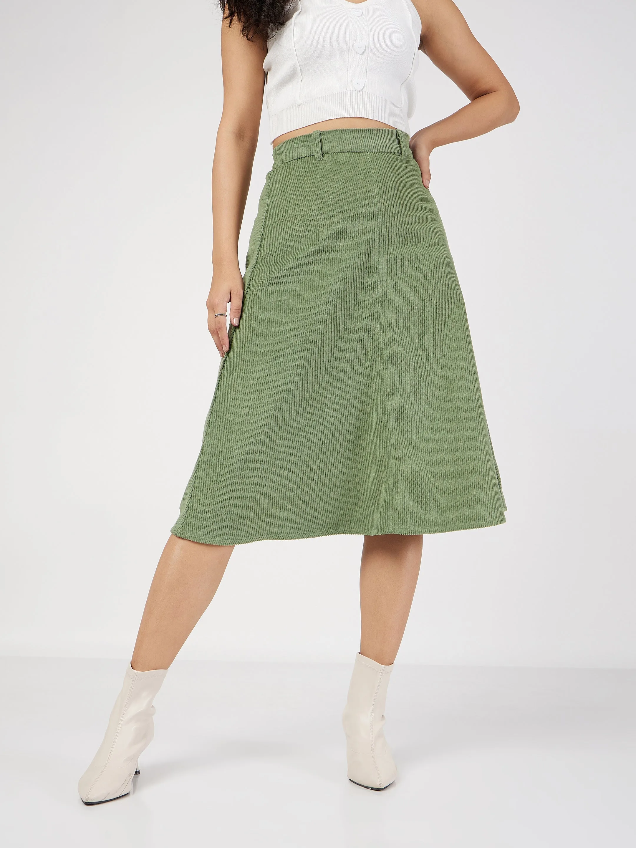 Women Olive Corduroy A-Line Midi Skirt