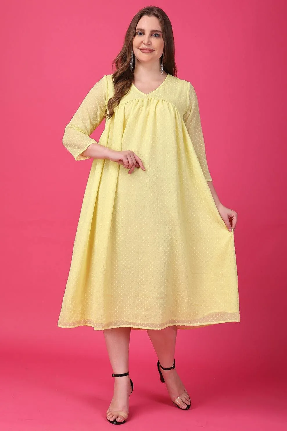 Yellow Solid Dobby Printed Dress