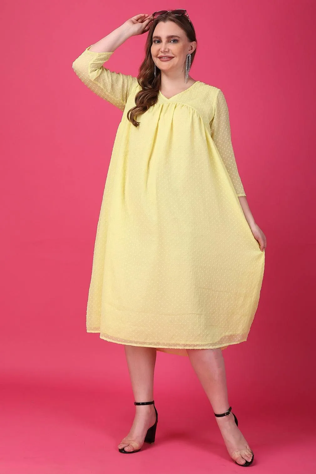 Yellow Solid Dobby Printed Dress