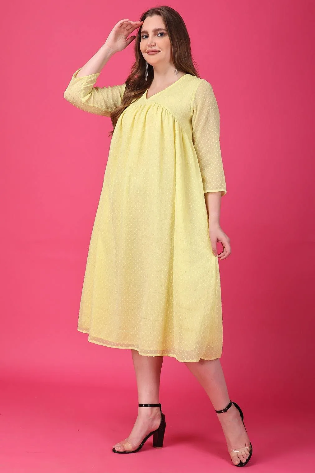 Yellow Solid Dobby Printed Dress